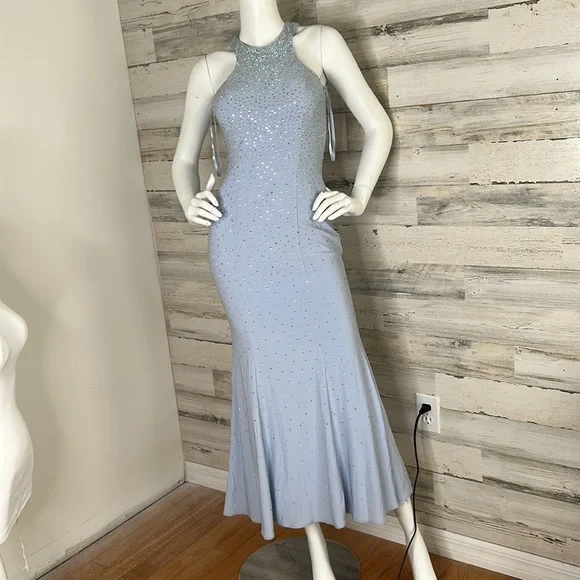 xscape light blue dress Xscape Evenings "Maeve" Floral Chiffon Mock Neck Dress 6876X
